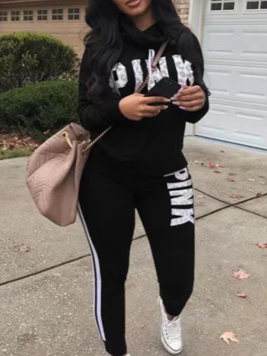 LW Plus Size Pink Letter Print Striped Sweatsuit Set