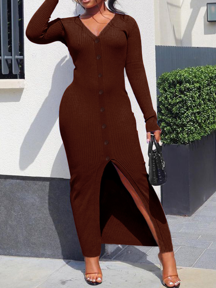 LW V Neck Button Design Rib-Knit Dress