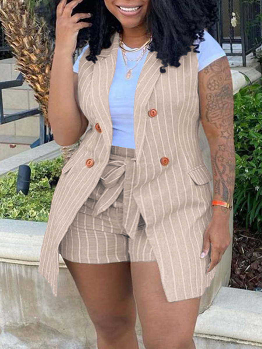 LovelyWholesale Plus Size Striped Bandage Design Blazer Shorts Set Summer Sleeveless Business Bandage Design Lapel Neck  3X Spring Summer 2024