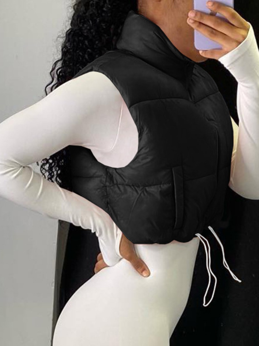 LovelyWholesale Sleeveless Drawstring Puffer Vest Winter Casual Turndown Collar Spring Summer 2024
