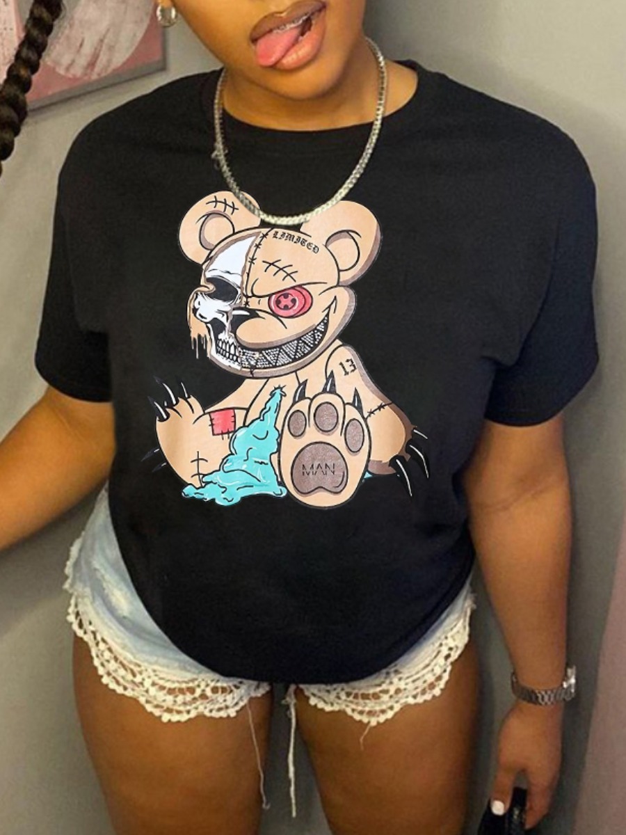 LovelyWholesale Round Neck Cartoon Print T-shirt Summer Short Sleeve Casual Round Neck Spring Summer 2024