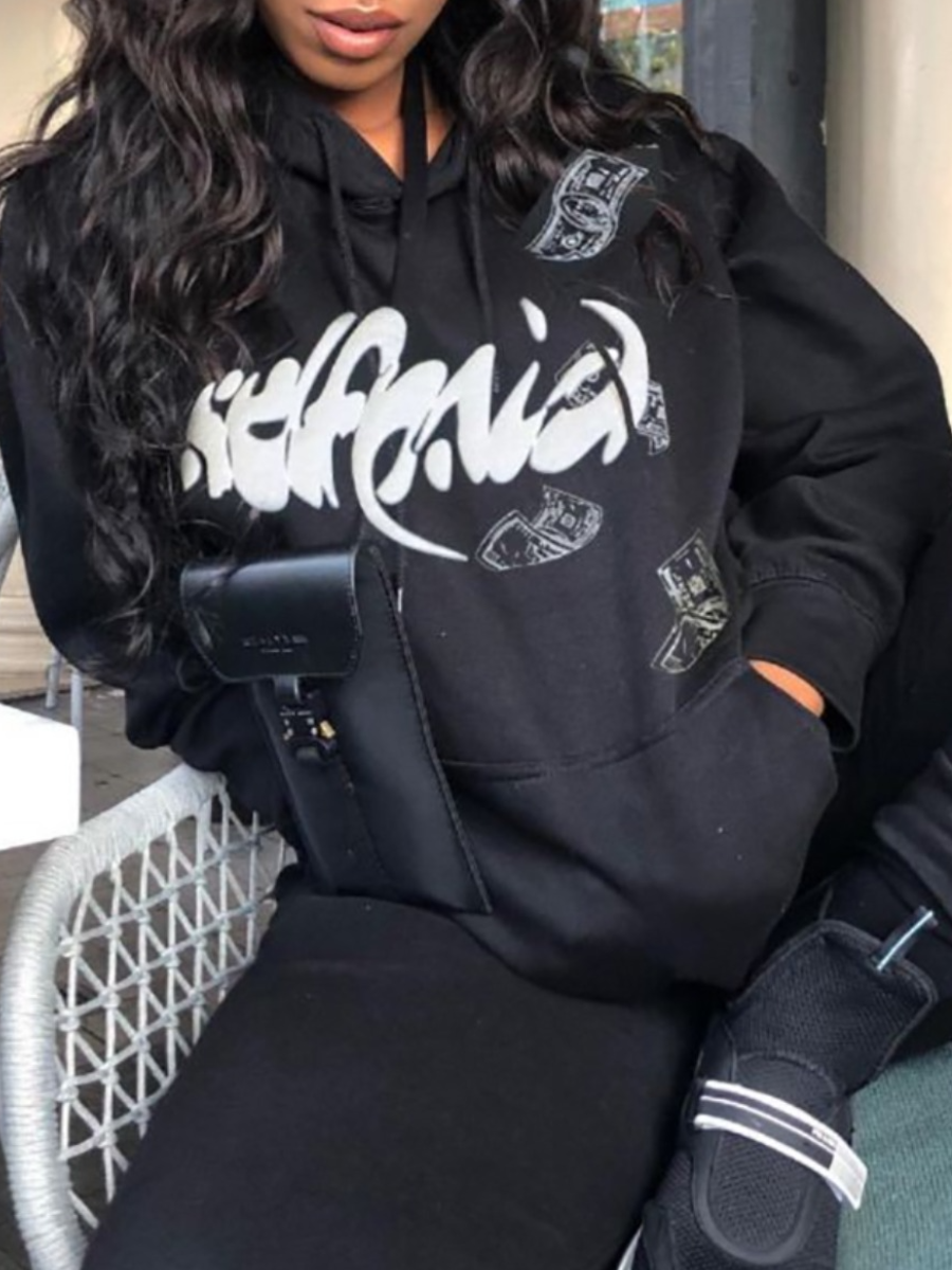 LovelyWholesale COTTON Letter Print Kangaroo Pocket Oversized Hoodie Fall Long Sleeve Casual Hooded Collar Spring Summer 2024