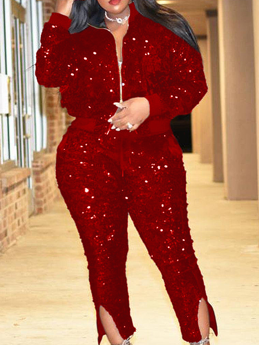 LW Plus Size Velvet Sequined Zipper Design Pants Set