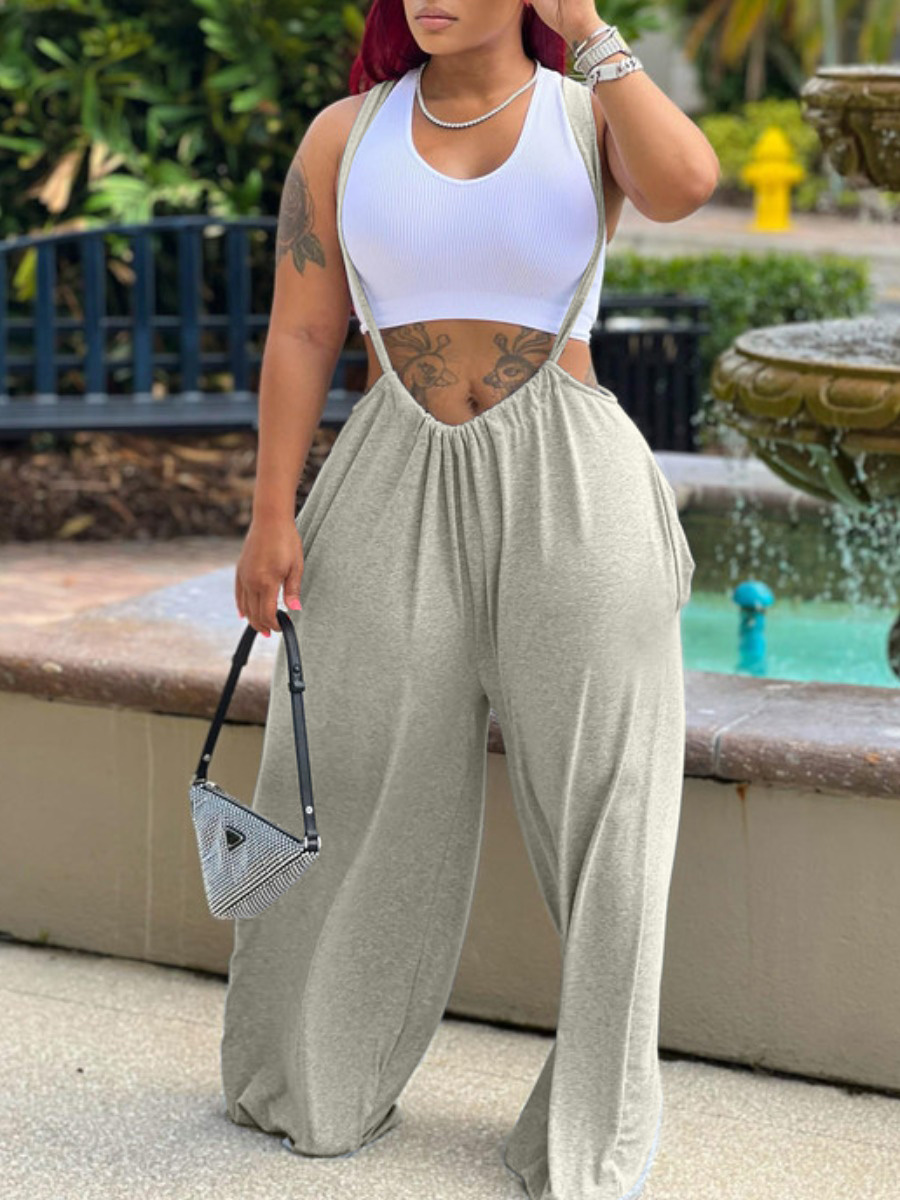 LovelyWholesale BASICS Wide Leg Looose Overall Pants Spring|Fall Sleeveless Casual Solid Color Spring Summer 2024