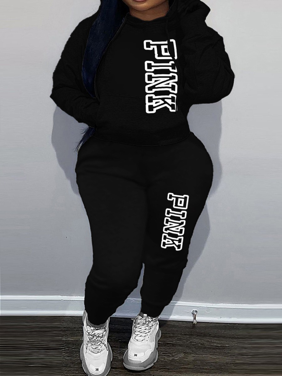 LW Plus Size Pink Letter Print Kangaroo Pocket Tra