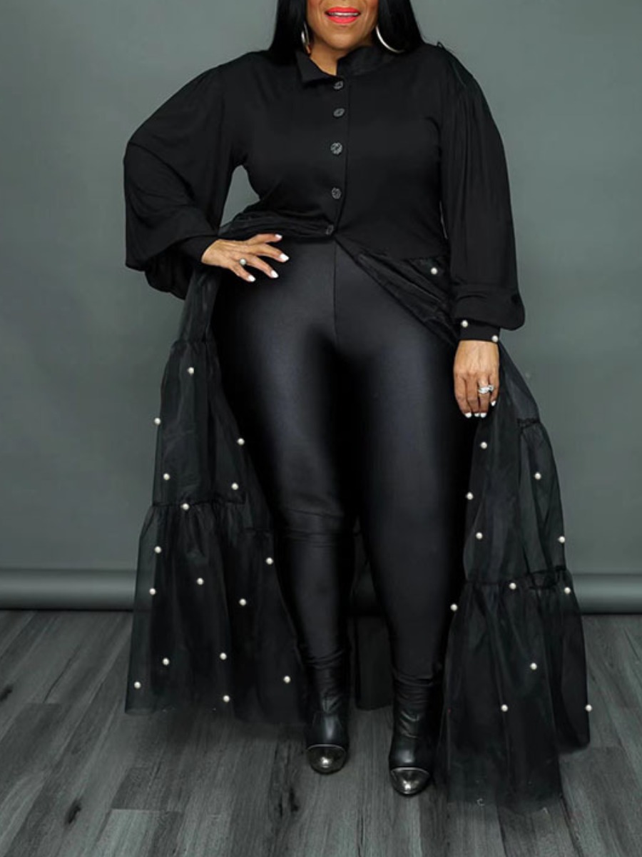 LW Plus Size See Through Ruffle Design Pearl Decor Trench Coat