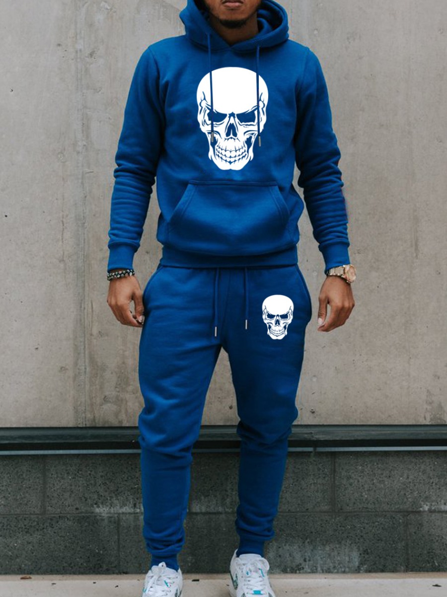 LovelyWholesale Men Skull Head Print Kangaroo Pocket Tracksuit Set Fall Long Sleeve Casual Hooded Collar Spring Summer 2024