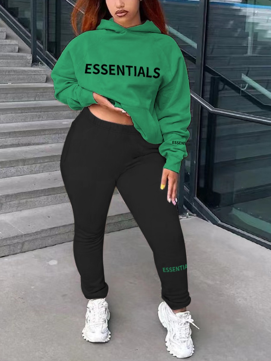 LW Plus Size Essentials Letter Print Kangaroo Pocket Tracksuit Set
