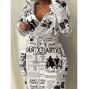 LW Plus Size Hooded Collar Newspaper Print Cargo D