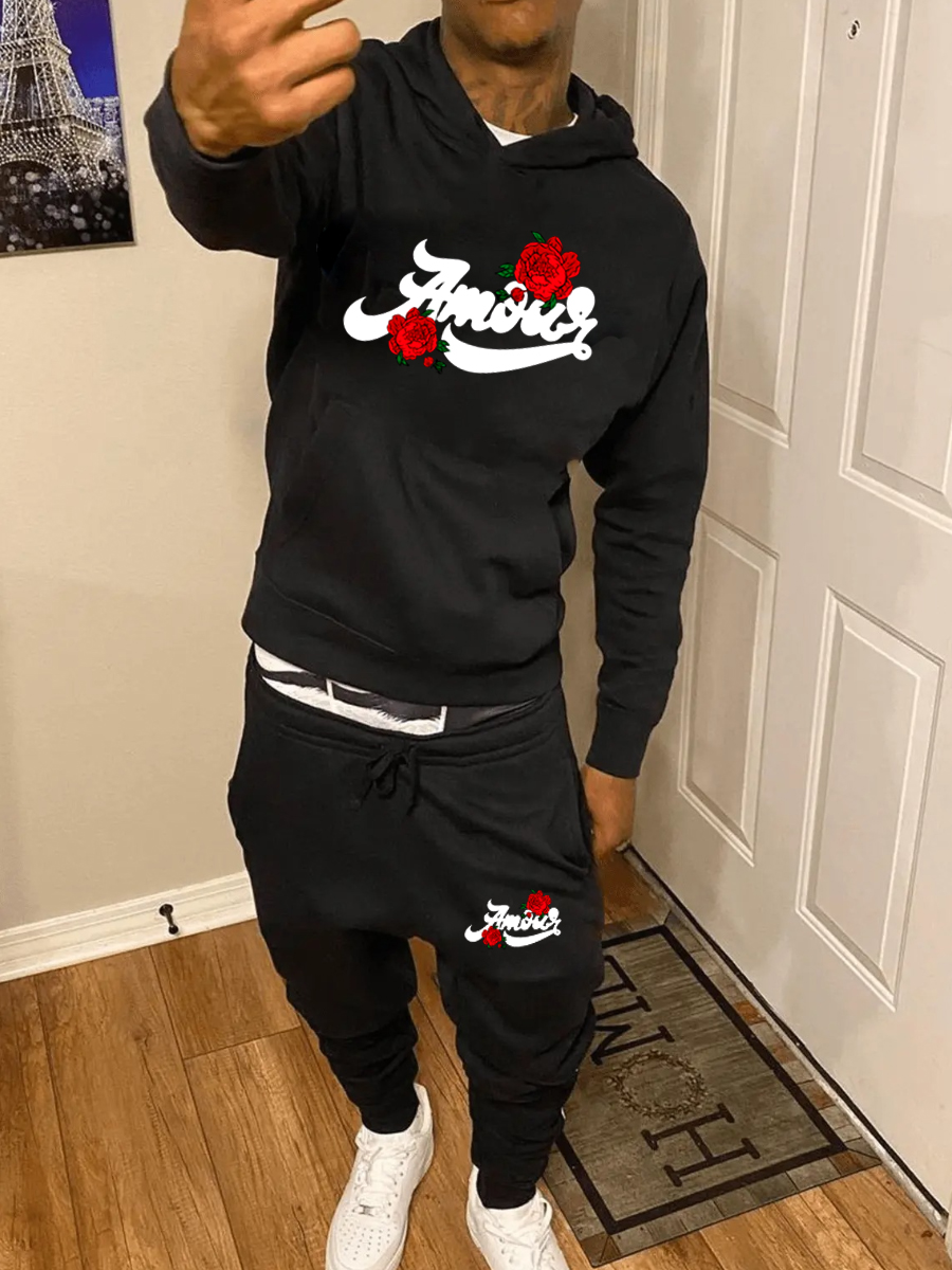 LW Men Rose Flower Letter Print Kangaroo Pocket Tracksuit Set