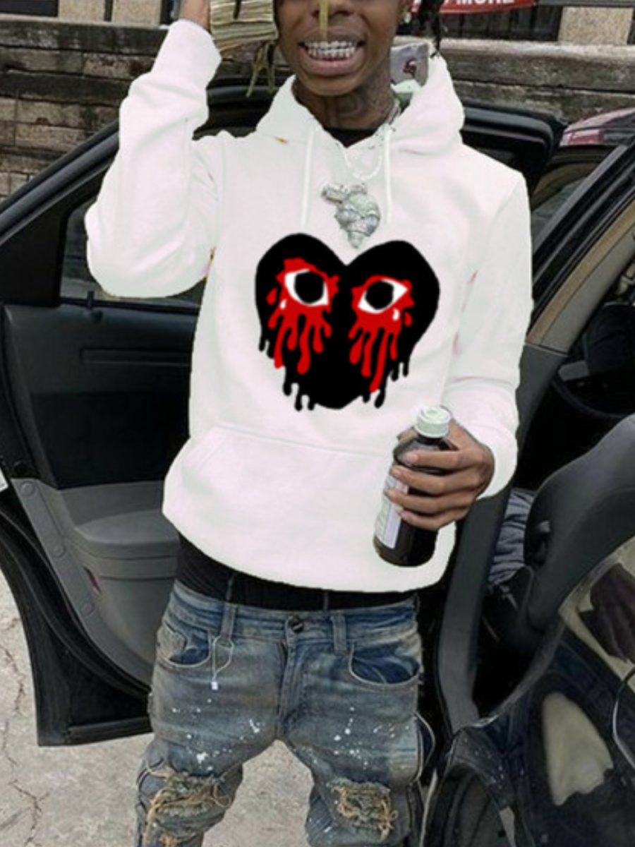 LovelyWholesale Men Heart Eye Print Kangaroo Pocket Hoodie Fall Long Sleeve Casual Spring Summer 2024