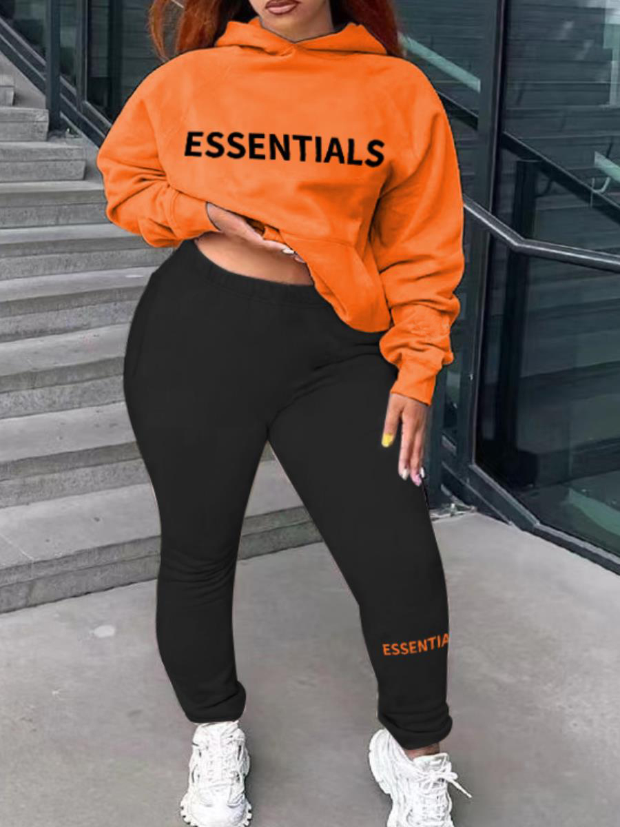 LW Essentials Letter Print Kangaroo Pocket Tracksuit Set