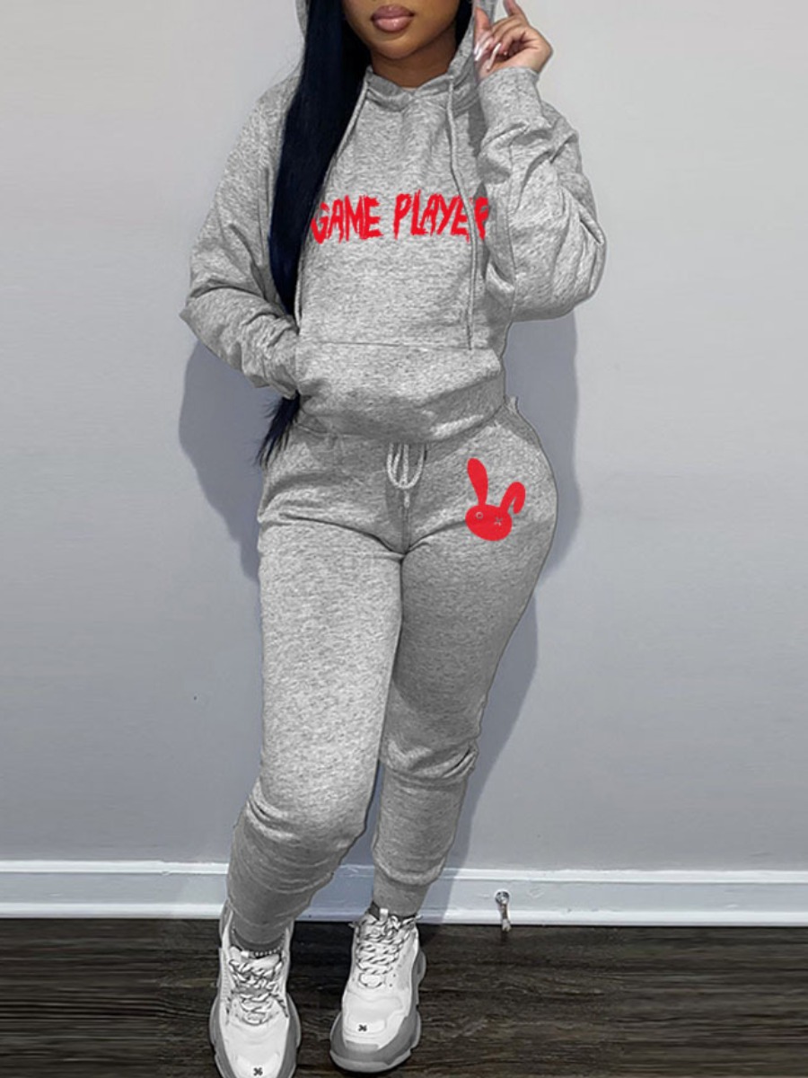 LW Letter Print Kangaroo Pocket Tracksuit Set