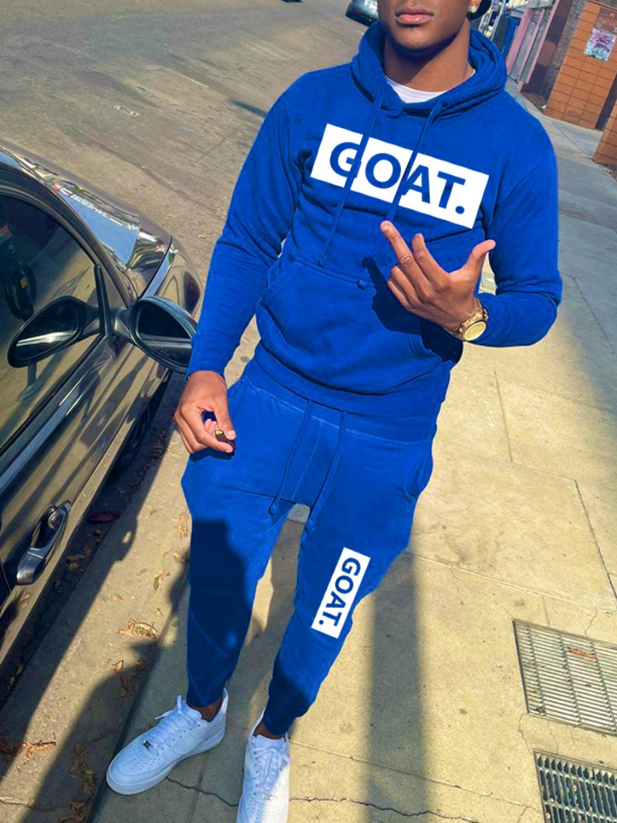 LW Men Goat Letter Print Kangaroo Pocket Tracksuit