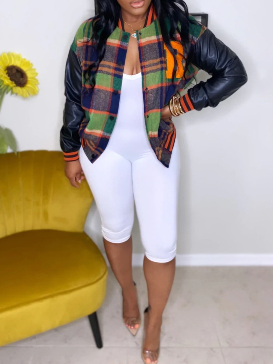 LW Plus Size Faux Leather Plaid Print Jacket 5X