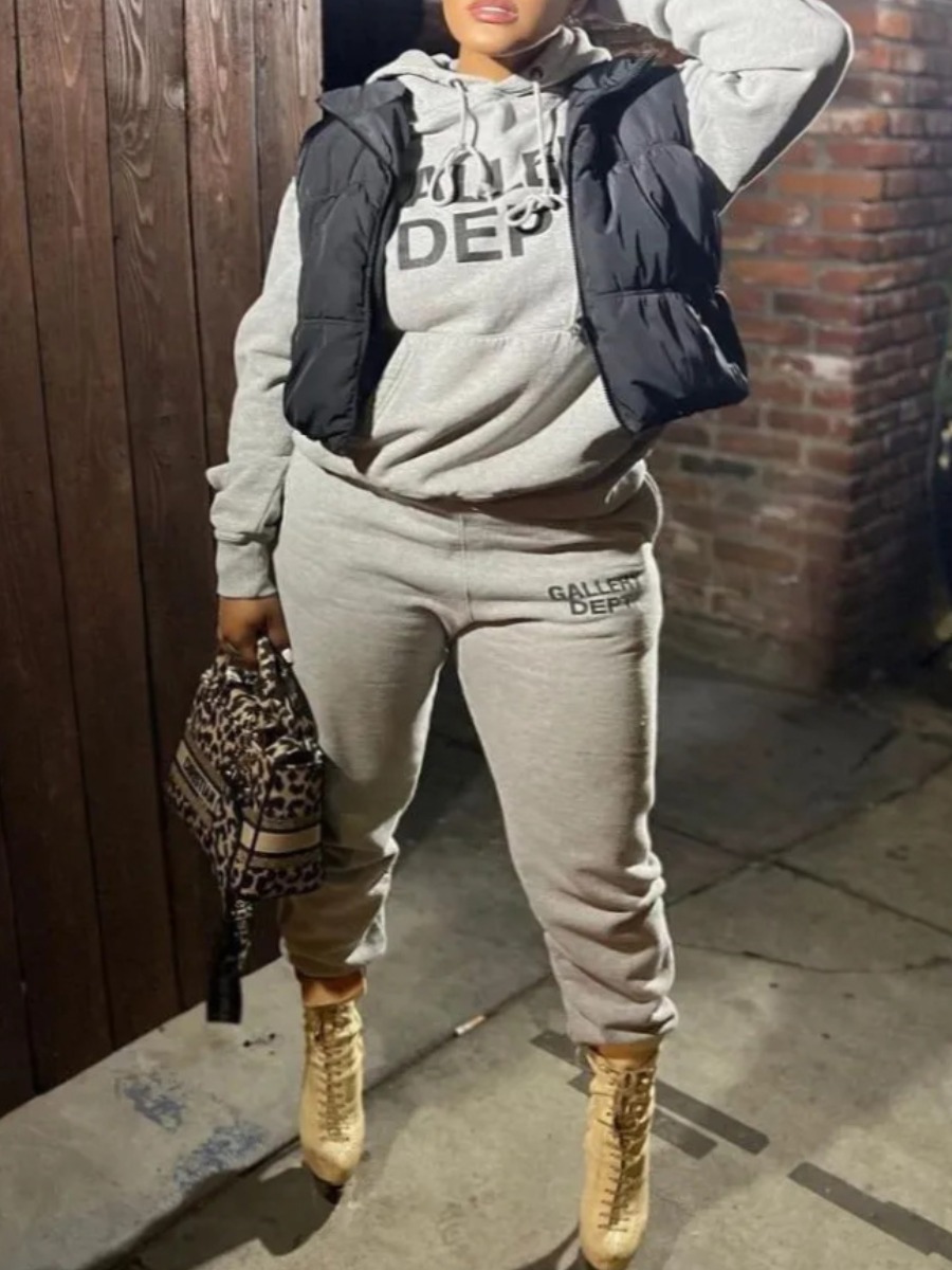LW Plus Size Letter Print Kangaroo Pocket Tracksui