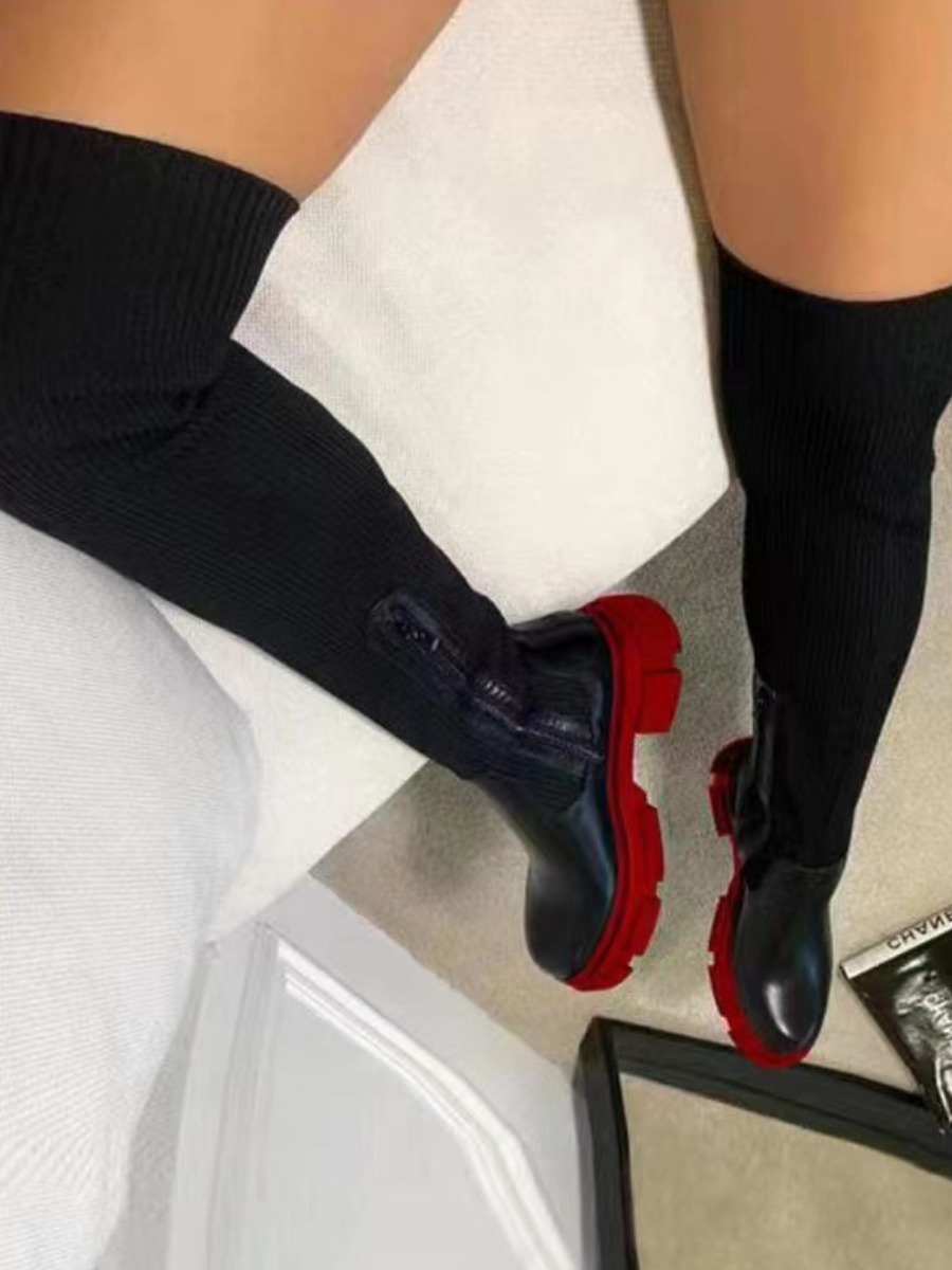 LW Ribbed Patchwork Zipper Design Thigh High Boots