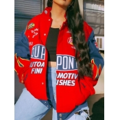 Lovely Casual Letter Print Patchwork Red Coat