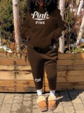 LW Plus Size Pink Letter Print Kangaroo Pocket Tracksuit Set