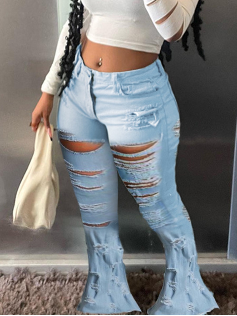 LovelyWholesale Mid Waist Ripped Flared Jeans Spring|Fall Street Ripped Spring Summer 2024