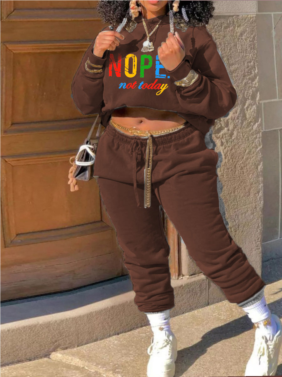 LovelyWholesale Nope Not Today Letter Print Tracksuit Set Fall Long Sleeve Casual Hooded Collar Spring Summer 2024