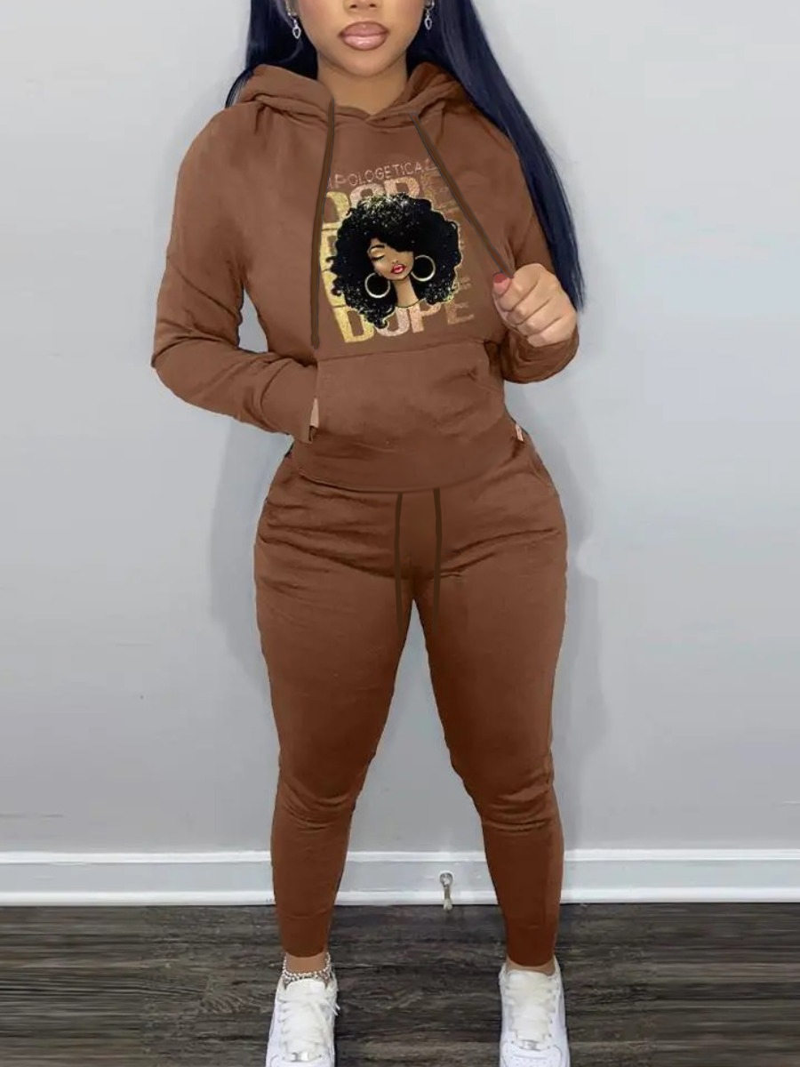 LW Figure Letter Print Kangaroo Pocket Tracksuit Set