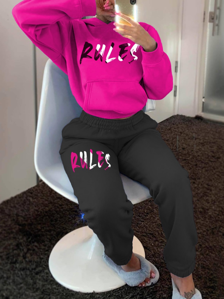 LW Plus Size Fleece Letter Print Kangaroo Pocket Tracksuit Set
