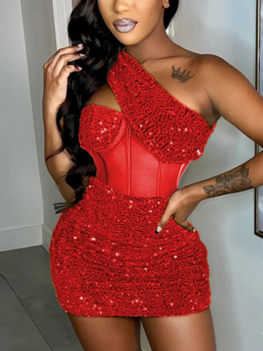 LW SXY One Shoulder See Through Sequined Dress