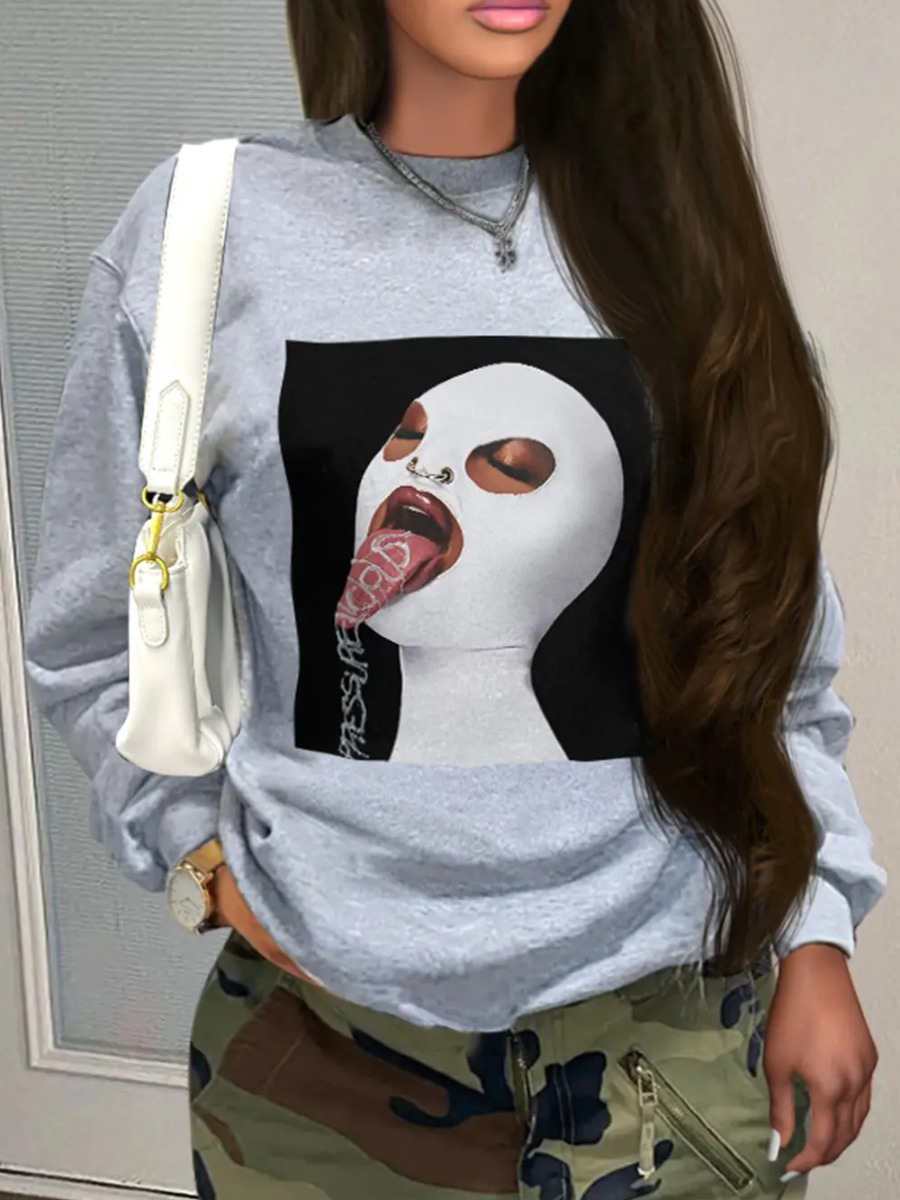 LovelyWholesale Masked Face Figure Print Sweatshirt Fall Long Sleeve Casual Round Neck Spring Summer 2024