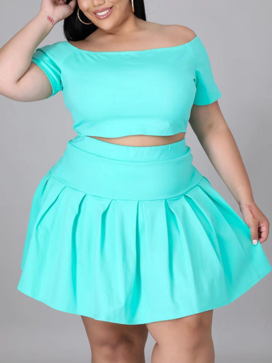LW BASICS Plus Size Casual Off The Shoulder Flounce Design Acid Blue Two-piece Skirt Set