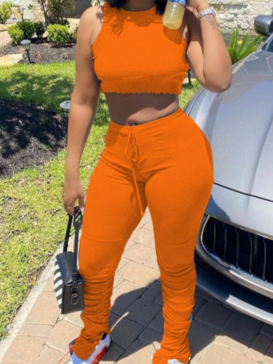 LovelyWholesale Fold Design Lace-up Slit Tracksuit Pants Set Spring Sleeveless Casual Basic Round Neck Spring Summer 2024