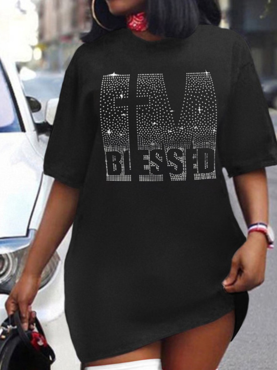 LW Plus Size Rhinestone Blessed Letter T-shirt Dre