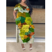 LW Plus Size World Map Letter Print Patchwork Dres