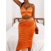 LW Casual Ruched Slit Orange Two Piece Skirt Set
