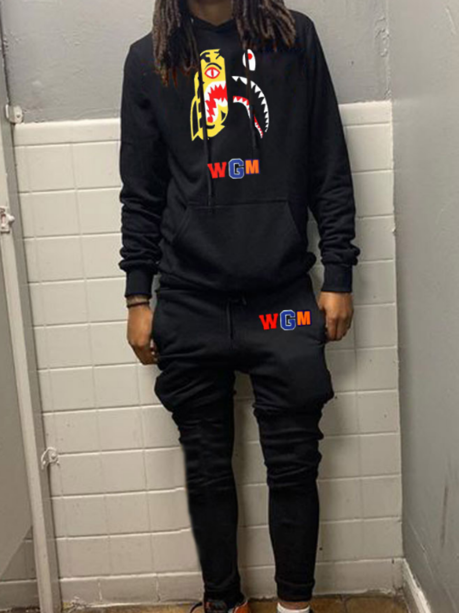 LW Men Letter Print Kangaroo Pocket Sweatsuit Set