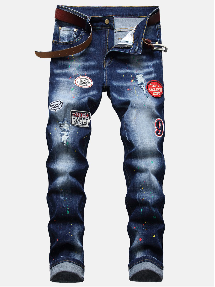 LW Men Street Splash Ink Print Ripped Deep Blue Jeans