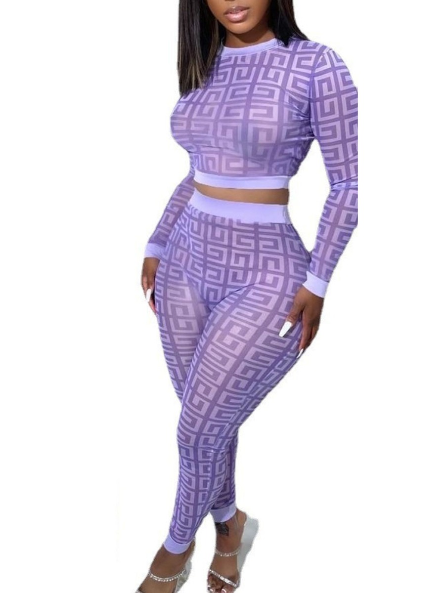 LovelyWholesale Crop Top Geometric Print High Stretchy Pants Set Fall Long Sleeve Sweet See Through Spring Summer 2024