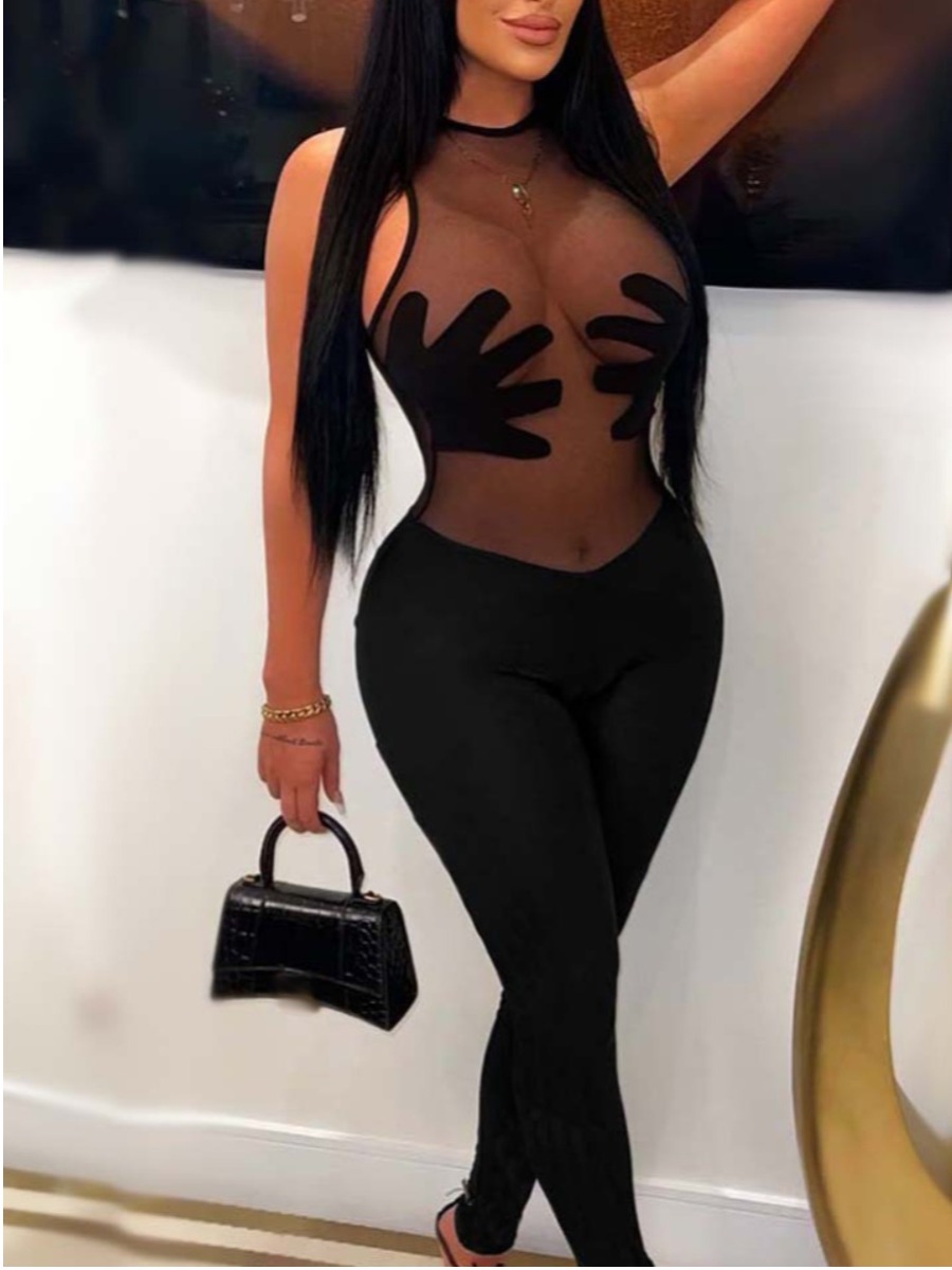 LovelyWholesale Palm Decor See Through Skinny Jumpsuit Spring|Summer Sleeveless Casual Solid Color Spring Summer 2024