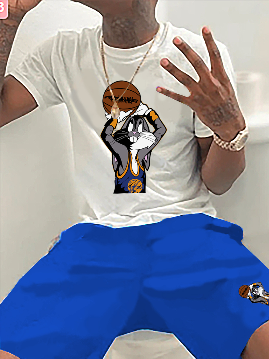 LW BASICS Men Basketball Cartoon Print Shorts Set