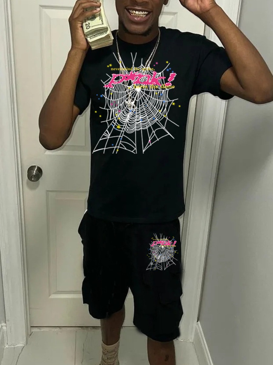 LW Men Spider Web Letter Print Drawstring Shorts Set