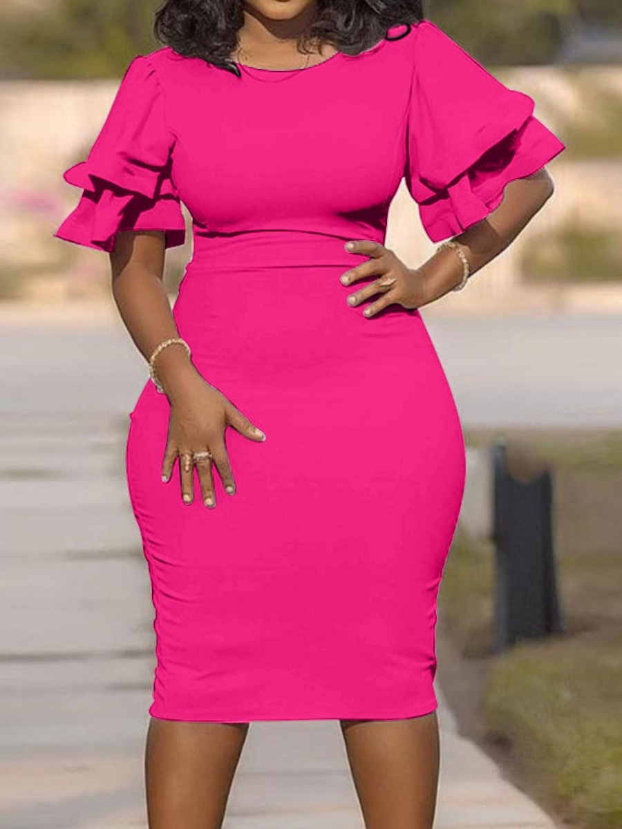 LW Plus Size Ruffle Solid Wrapped Skirt Skinny Stretchy Healthy Fabric Dress