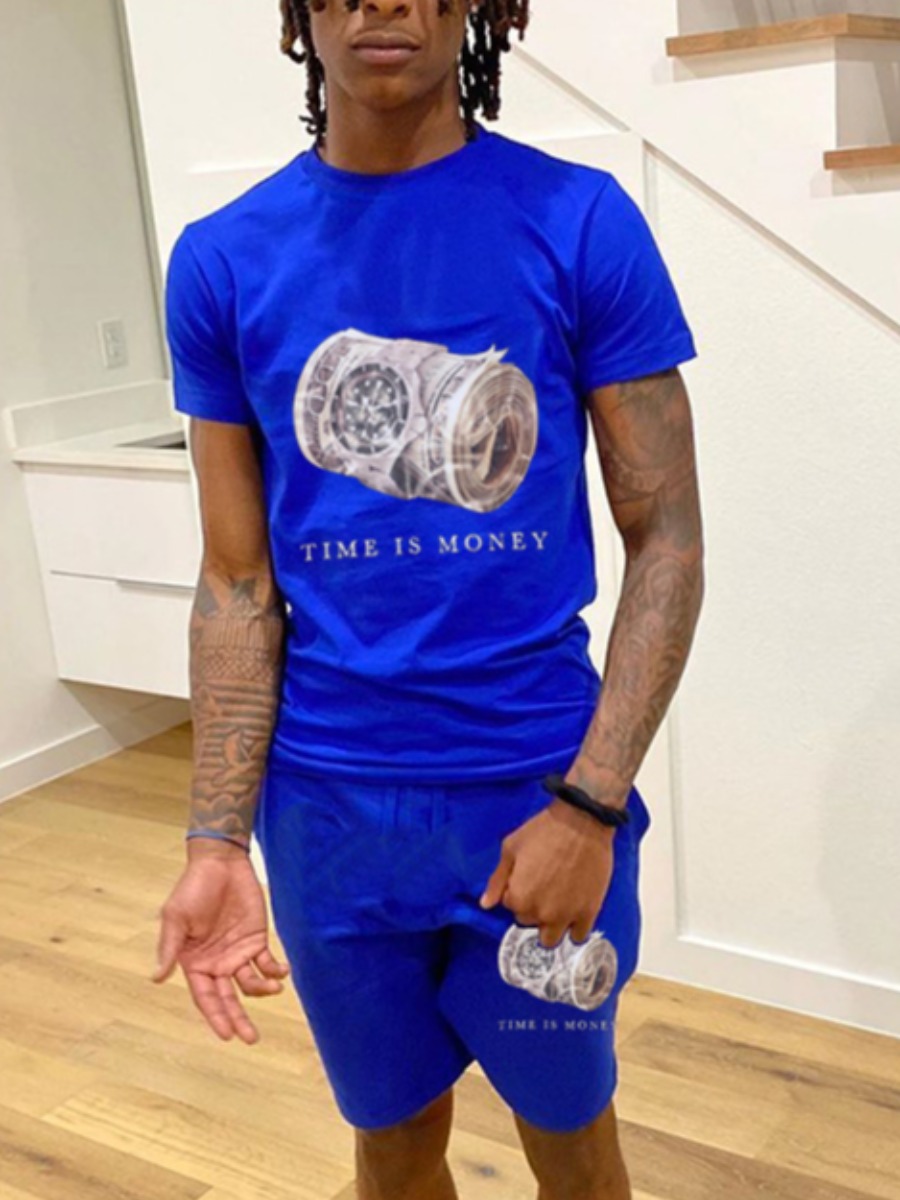 LovelyWholesale Men Time Is Money Letter Print Shorts Set Summer Short Sleeve Casual Round Neck Spring Summer 2024