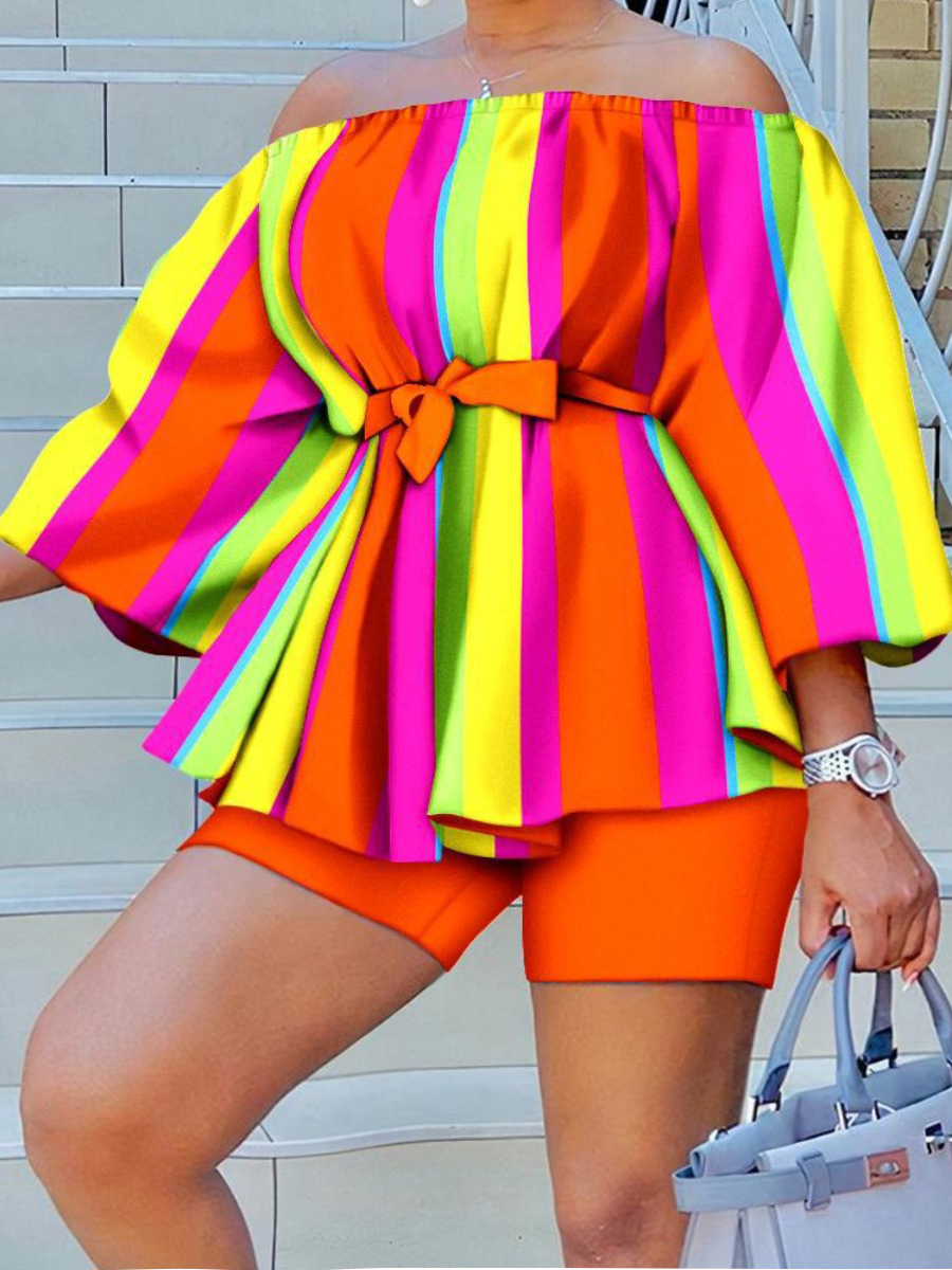 LW Plus Size Off The Shoulder Striped Bandage Design Shorts Set