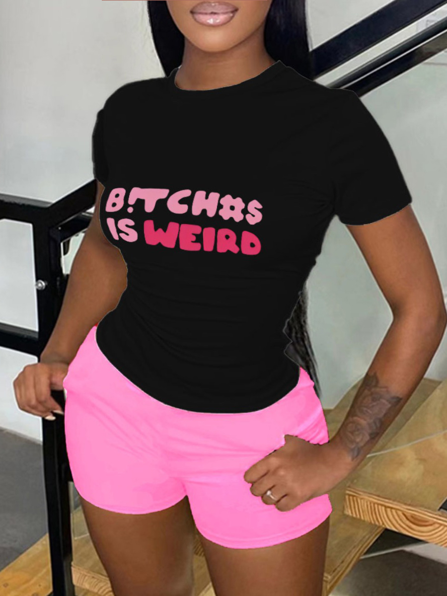 LW Plus Size Round Neck Letter Print Shorts Set