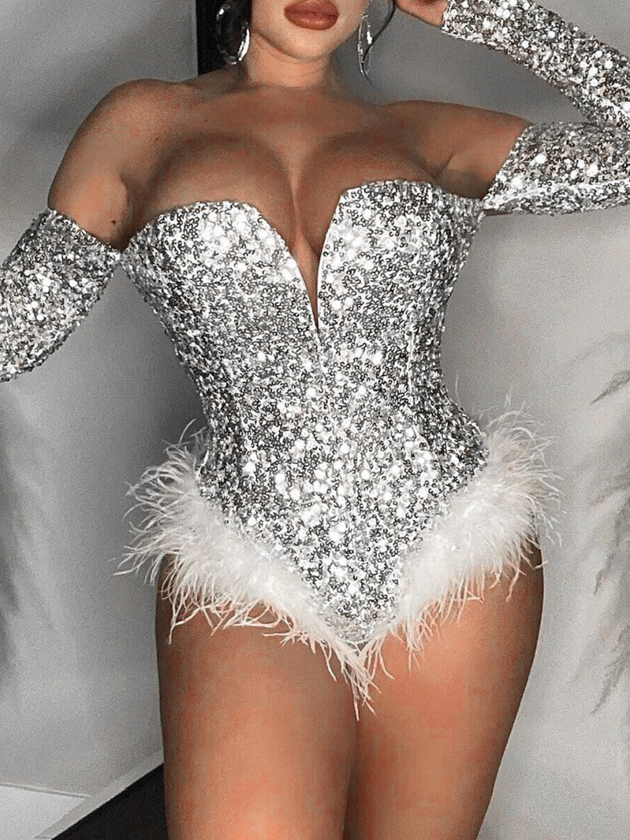 LovelyWholesale SXY Plus Size Tube Top Splicing Plush Hem Sequined Romper Spring Long Sleeve Sxy Patchwork Strapless  3X Spring Summer 2024