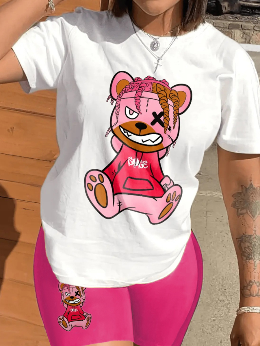 LW Plus Size Bear Cartoon Print Regular Fit Shorts Set
