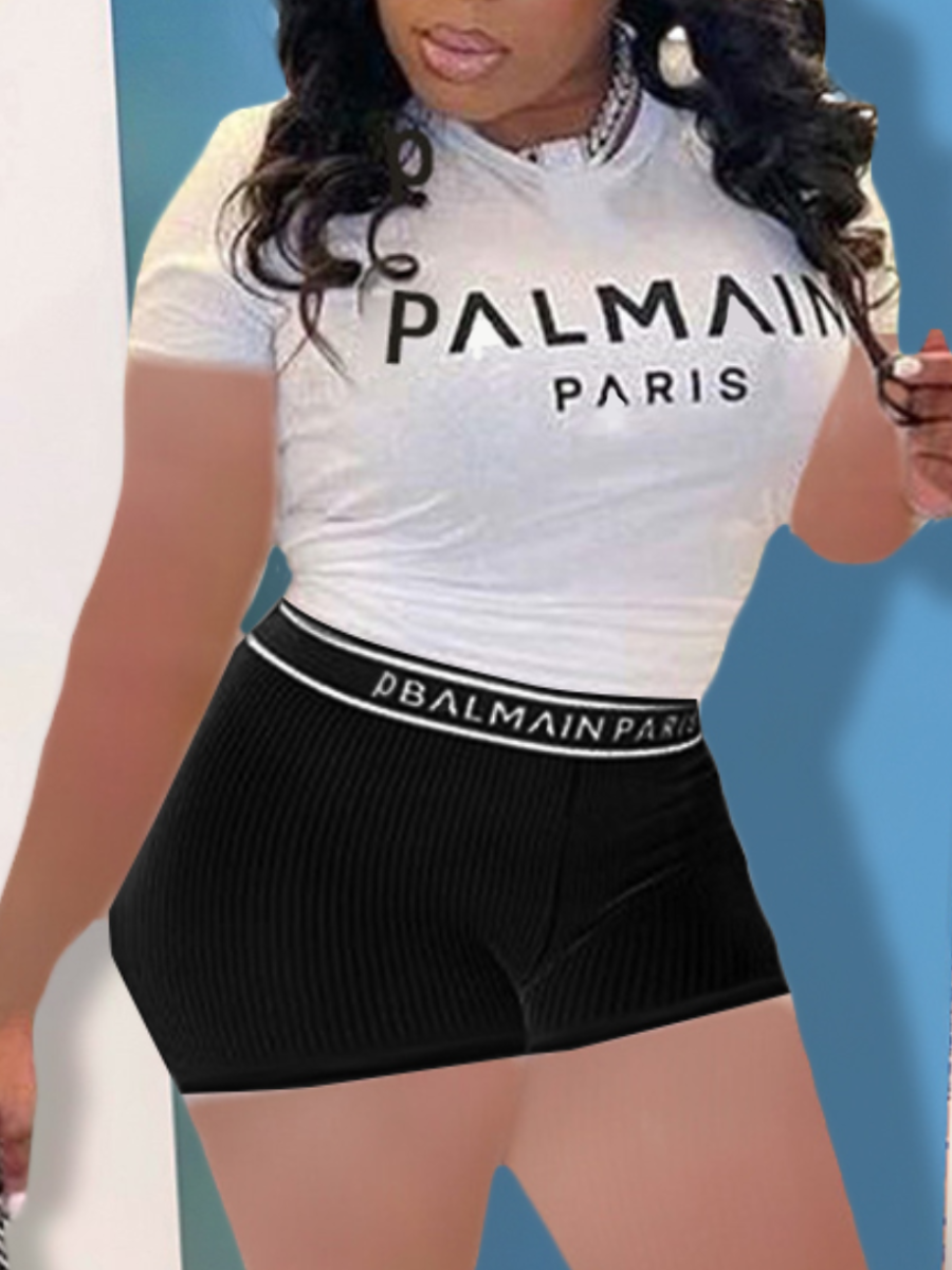 LW Letter Print Skinny Stretchy Shorts Set