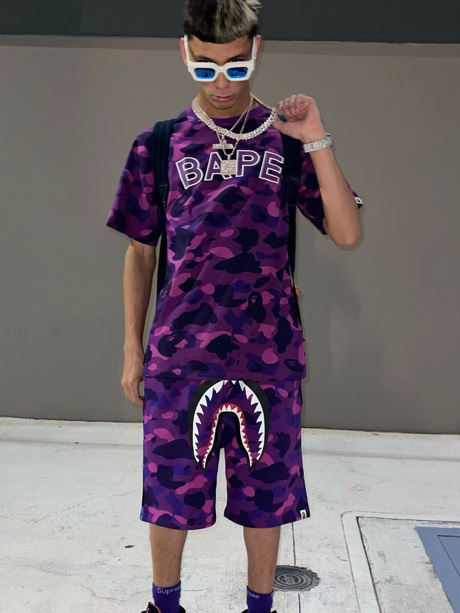 LW Men Fish Mouth Camo Letter Print Shorts Set