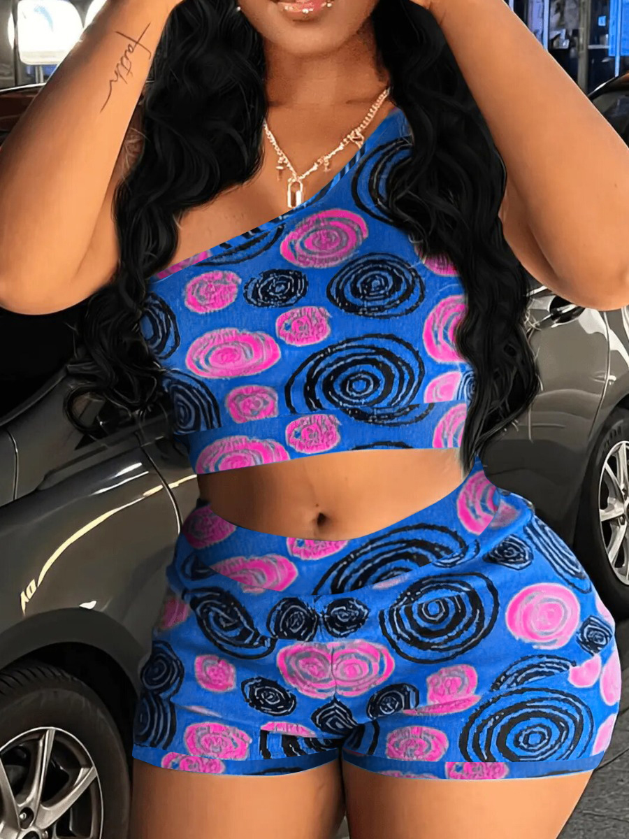 LW One Shoulder Crop Top Spiral Print Shorts Set