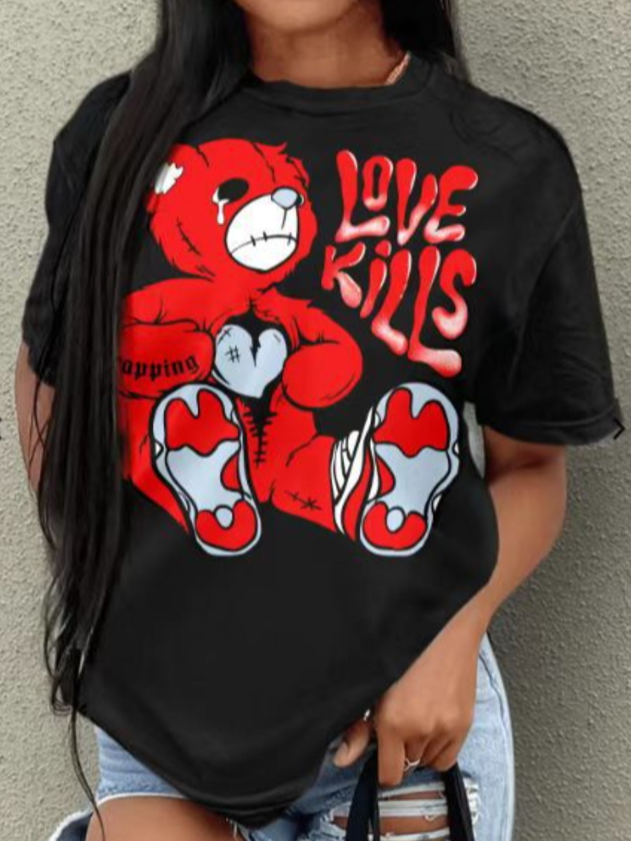 LovelyWholesale COTTON Cartoon Teddy Bear Letter Print T-shirt Summer Short Sleeve Casual Pattern Round Neck Spring Summer 2024